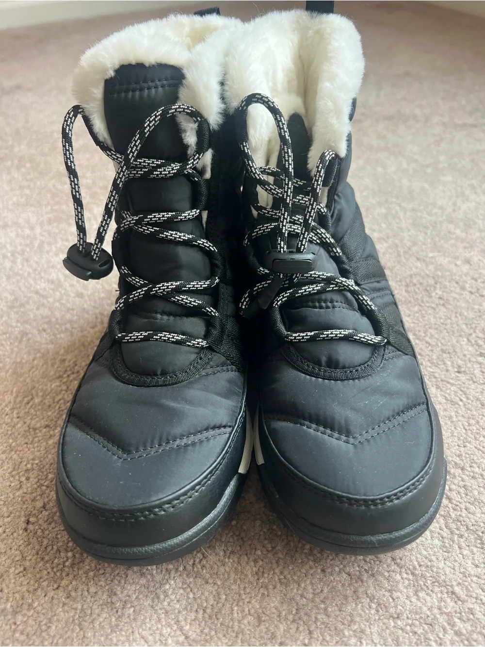 Sorel Black Winter Lace-Up Boots with White Faux Fur Trim